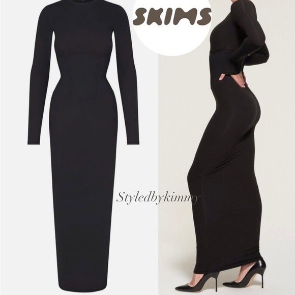 SKIMS Fits Everybody Corset Long Sleeve Dress in Onyx L Large NEW NWT - Picture 1 of 6